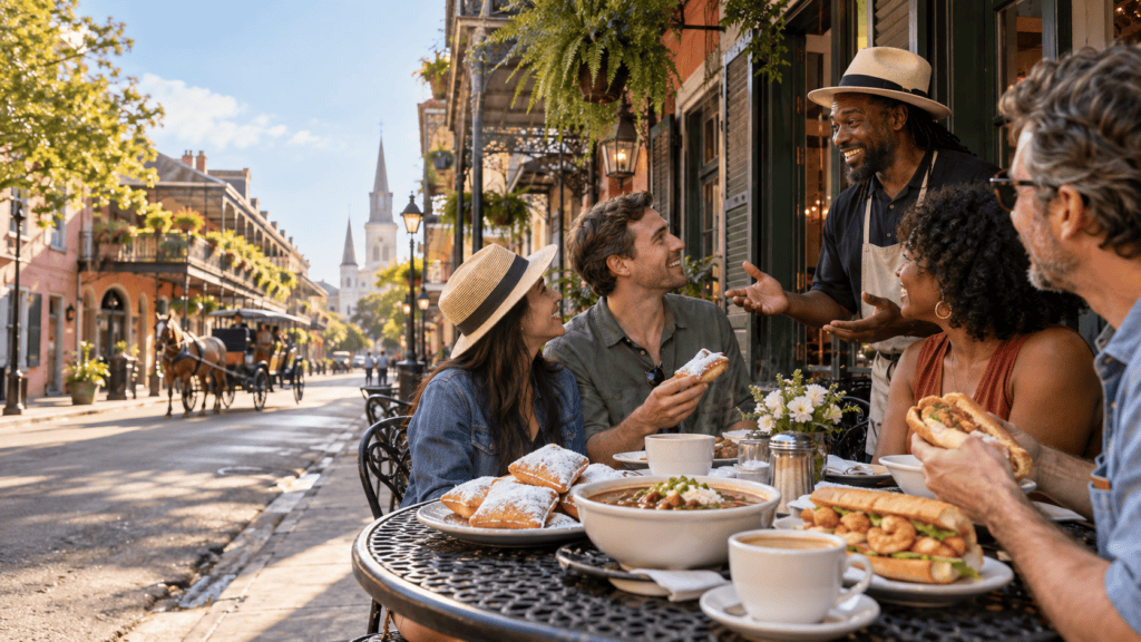 Group enjoying New Orleans food tour at outdoor cafe with historic city background.