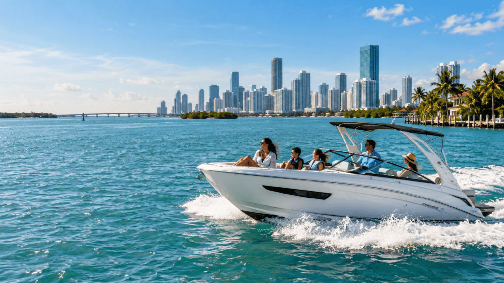 Family enjoying a boat tour in Biscayne Bay with Miami skyline in background.